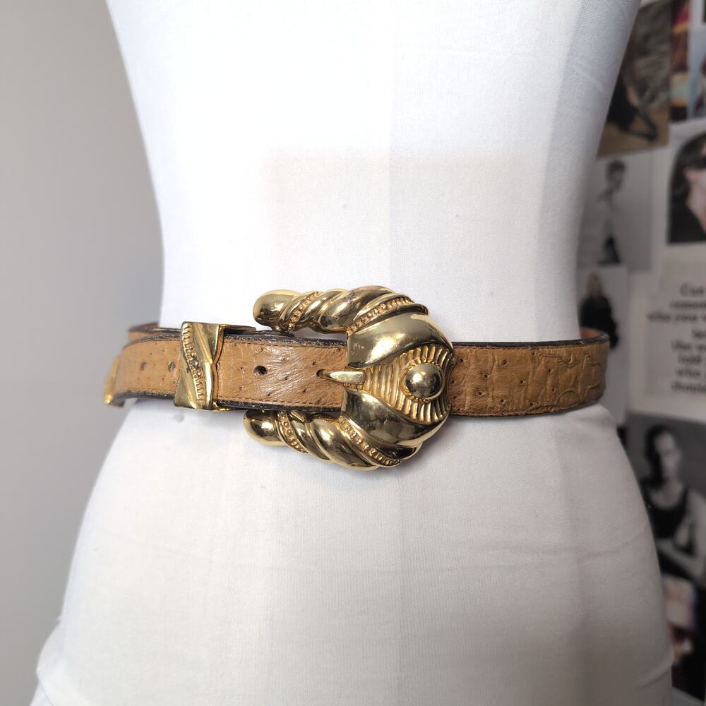 Ostrich Embossed Leather Belt With Gold Tone Buckle